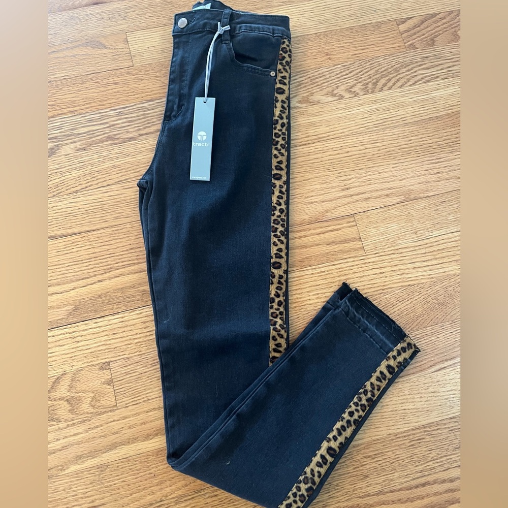 Tractr Black Jeans Leopard Accent Stripe Distressed Hem Ultra High Rise Skinny